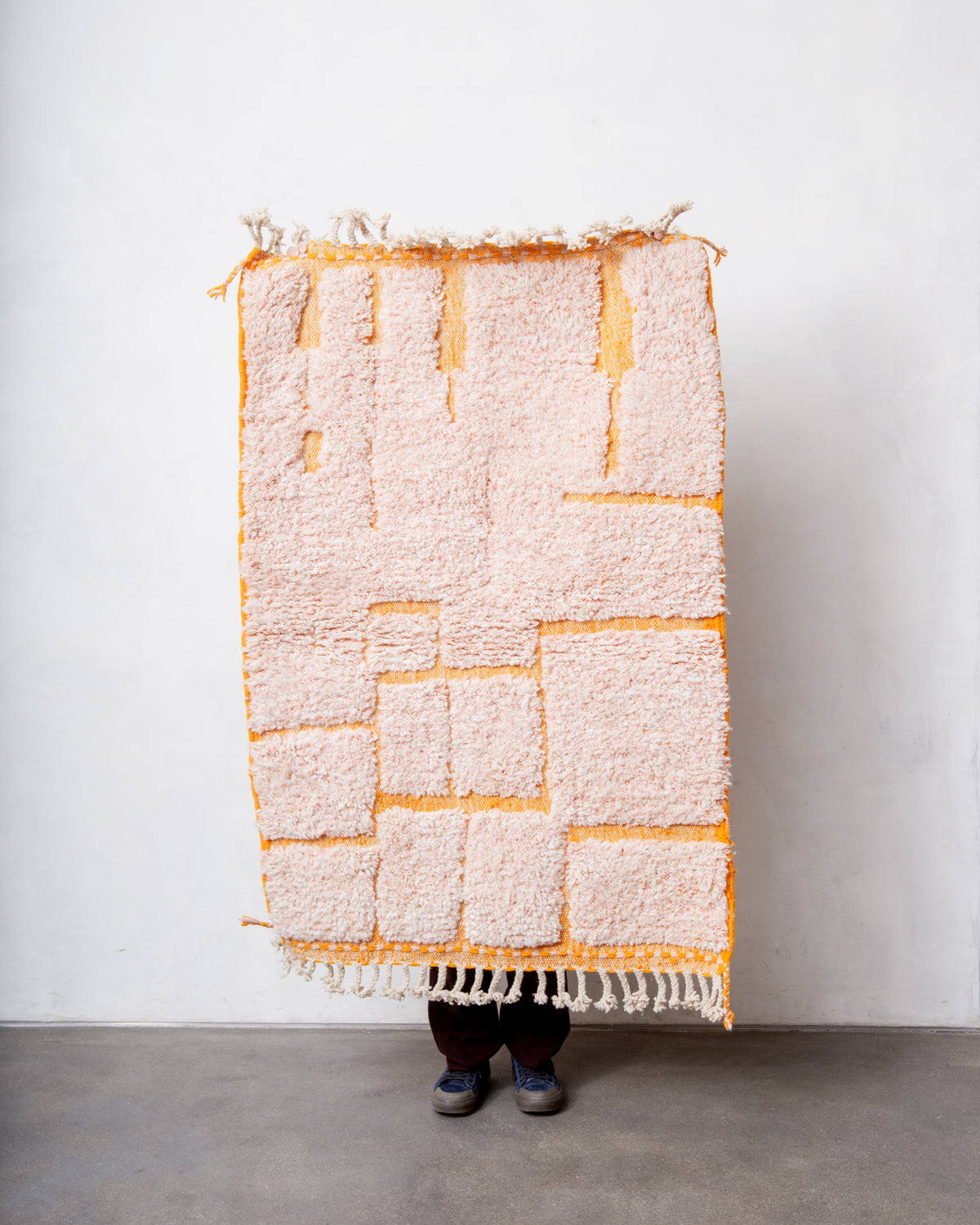 Modern, designer, handcrafted Berber rug from Morocco. Beniourain carpet with beautiful colours and patterns and fluffy wool texture.